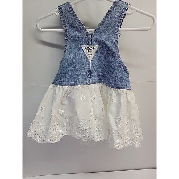 Vtg Osh Kosh Eyelet Lace Bib Overall Denim Dress 9 Months White Blue Cottagecore - Picture 5 of 13